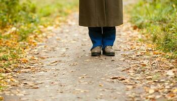 femme en marchant traverser pays et Piste dans l'automne forêt photo