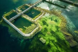 l'eau la pollution par épanouissement bleu vert algues - cyanobactéries est monde environnement problème. l'eau corps, rivières et des lacs avec nocif algue fleurit. écologie concept de pollué génératif ai photo