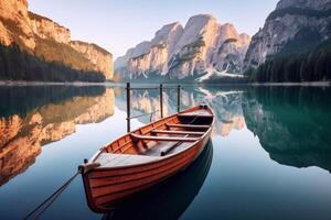 magnifique vue de traditionnel en bois aviron bateaux sur lago di braies dans le dolomites génératif ai photo