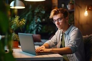 Jeune homme travaux à une ordinateur dans le bureau. pigiste travail de une portable. entreprise, éducation concept. génératif ai photo