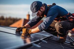 homme technicien montage photovoltaïque solaire modules sur toit de maison. tondu vue de constructeur dans casque installation solaire panneau système avec Aidez-moi de hex clé. concept de alternative, génératif ai photo