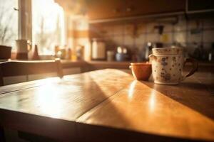 le Contexte image de une en bois table avec une floue Contexte pouvez être utilisé pour édition dans graphique à vitrine votre des produits. génératif ai photo