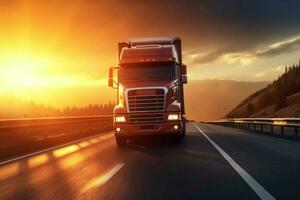 camionneur par logistique entreprise semi bande annonce un camion livrer cargaison à une client ou fournisseur. un camion avec semi-remorque conduite sur Autoroute. transport logistique. génératif ai photo