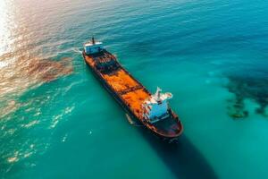 Haut vue de naufrage pétrolier coup par drone. inversé pétrolier détruit sur noir mer côte de Odessa. vide pétrolier penché à un côté et couru échoué par pendant orage avec fort vent. génératif ai photo