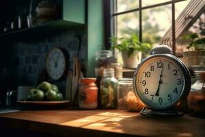 alarme l'horloge et une tasse de Matin café avec une café machine sur le Contexte de le cuisine intérieur.a verre de café sur le table avec une l'horloge dans le Matin. bien Matin concept. génératif ai photo