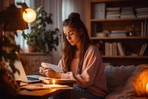 portrait de une content réussi femme d'affaires en utilisant portable ordinateur dans Créatif agence dans le soir. noir femelle souriant tandis que navigation l'Internet, vérification marrant mèmes sur génératif ai photo