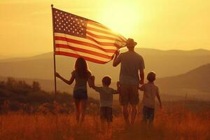 patriotique vacances. retour vue de content famille, Parents et filles les enfants les filles avec américain drapeau en plein air. Etats-Unis célébrer 4e de juillet. haute qualité photo génératif ai