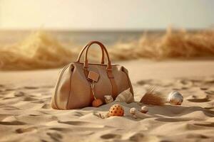élégant plage sac avec accessoires et tropical plage dans le arrière-plan, été les vacances concept génératif ai photo