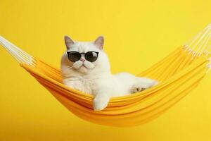 marrant blanc chat dans des lunettes de soleil mensonges sur une en tissu hamac sur une Jaune Contexte. génératif ai photo