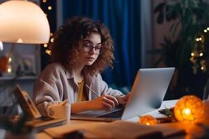 portrait de une content réussi femme d'affaires en utilisant portable ordinateur dans Créatif agence dans le soir. noir femelle souriant tandis que navigation l'Internet, vérification marrant mèmes sur génératif ai photo