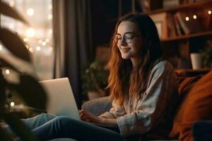 portrait de une content réussi femme d'affaires en utilisant portable ordinateur dans Créatif agence dans le soir. noir femelle souriant tandis que navigation l'Internet, vérification marrant mèmes sur génératif ai photo