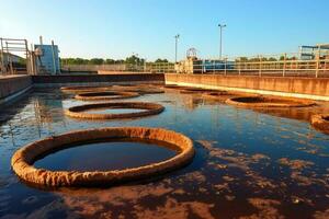 Haut aérien vue de purification réservoirs de moderne Eaux usées traitement plante génératif ai photo