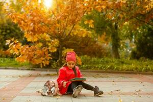 peu mignonne fille dans l'automne parc. écolière avec une sac à dos.le concept de l'automne, école, étude, éducation, enfance, retour à école. photo
