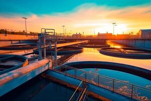 Haut aérien vue de purification réservoirs de moderne Eaux usées traitement plante génératif ai photo