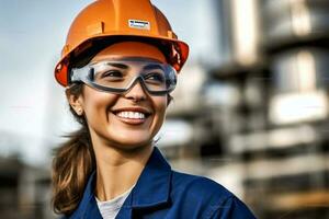 proche en haut portrait femelle industriel la robotique ingénieur en portant walkie talkie et tablette à la recherche à caméra. femme technicien moderne usine 4.0, technique superviseur de le robot génératif ai photo