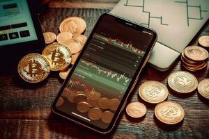 crypto Commerçant investisseur courtier en portant doigt en utilisant cellule téléphone app exécution financier Stock Commerce marché commerce commande à acheter ou vendre crypto-monnaie actions en pensant de investissement génératif ai photo