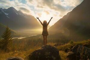 silhouette de Jeune femme pratiquant yoga ou pilates à le coucher du soleil ou lever du soleil dans magnifique Montagne emplacement génératif ai photo