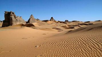 une désert avec le sable dunes et Roche formations. génératif ai photo