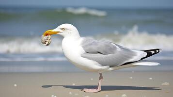 une plage scène avec une mouette en portant une palourde dans ses le bec. génératif ai photo