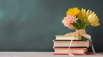 une empiler de livres avec une fleur vase. la toile bannière avec copie espace. génératif ai photo