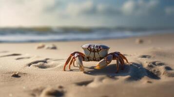 une plage scène avec une Crabe rampant sur le sable. génératif ai photo