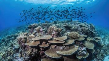 une corail récif avec écoles de poisson. génératif ai photo