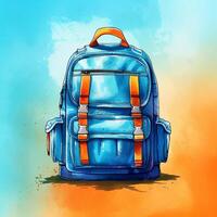 enfants école cartable, bleu mallette pour les adolescents. sac à dos pour randonnée. étudiants mallette aquarelle sur ciel Contexte. illustration. ai généré photo