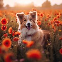 gallois corgi pembroke chien isolé sur coquelicot champ avec brouiller effet. illustration pour le placer, nourriture publicité, des expositions. génératif ai photo