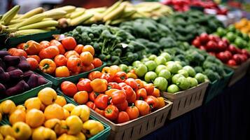 Les agriculteurs marchés saisonnier des fruits et légume. coloré vitrine avec petit multicolore poivrons. ai généré photo