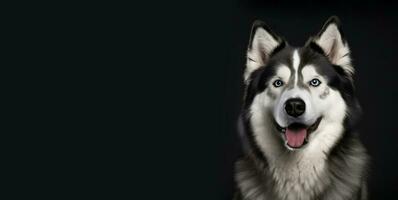 alaskan malamute studio portrait sur une noir Contexte avec espace pour texte. une grand gris souriant chien avec bleu yeux. mignonne visage avec une intelligent regarder. génératif ai photo