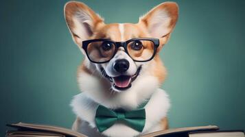 mignonne corgi professeur portant des lunettes avec pile de livres. ai généré image. photo