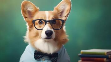 mignonne corgi professeur portant des lunettes avec pile de livres. ai généré image. photo