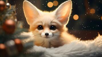 super mignonne fennec Renard avec Noël boite cadeau. ai généré image photo