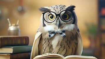 mignonne hibou prof avec pile de livres. retour à école concept. ai généré image. photo