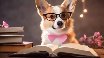 mignonne corgi chien professeur avec pile de livres sur rose Contexte. ai généré image. photo