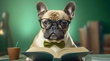 mignonne français bouledogue étudiant portant lunettes, avec pile de livres. ai généré image. photo