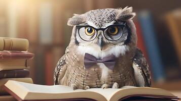 mignonne hibou prof avec pile de livres. retour à école concept. ai généré image. photo