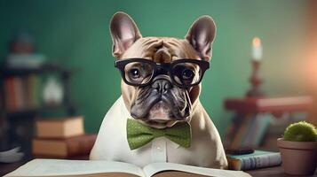 mignonne français bouledogue professeur portant des lunettes avec pile de livres. ai généré image. photo