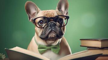 mignonne français bouledogue étudiant portant lunettes, avec pile de livres. ai généré image. photo