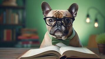 mignonne français bouledogue étudiant portant lunettes, avec pile de livres. ai généré image. photo