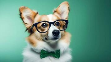 mignonne corgi professeur portant lunettes. ai généré image. photo