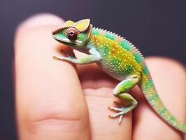 bébé caméléon repos sur Humain doigt. lézard miniature. ai généré photo