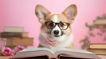 mignonne corgi chien professeur avec pile de livres sur rose Contexte. ai généré image. photo