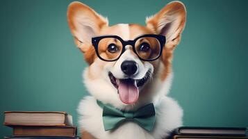 mignonne corgi professeur portant des lunettes avec pile de livres. ai généré image. photo