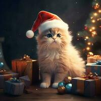 joyeux Noël. mignonne duveteux chat dans Père Noël chapeau. ai généré image photo