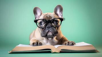 mignonne français bouledogue étudiant portant lunettes, avec pile de livres. ai généré image. photo