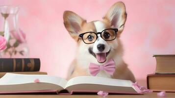 mignonne corgi chien professeur avec pile de livres sur rose Contexte. ai généré image. photo