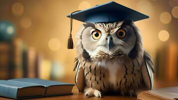 mignonne hibou diplômé étudiant. ai généré image. photo