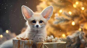 super mignonne fennec Renard avec Noël boite cadeau. ai généré image photo