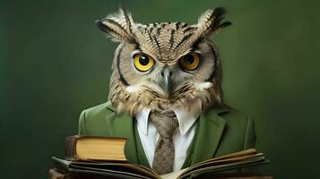 hibou professeur avec livres. ai généré image. photo